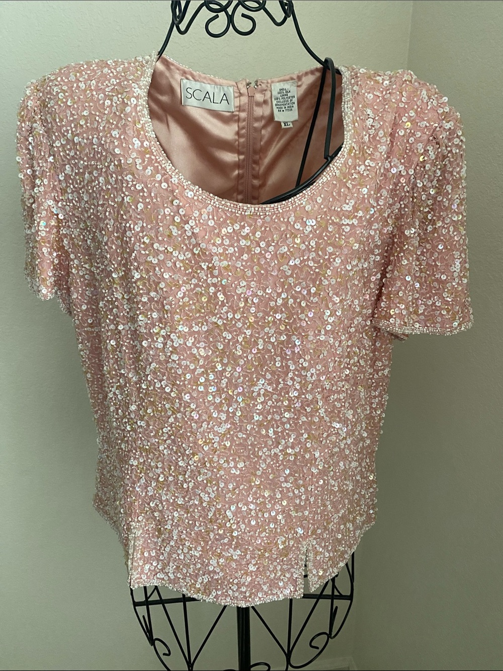 Scala Pink Sequin Short Sleeve Glamorous Top